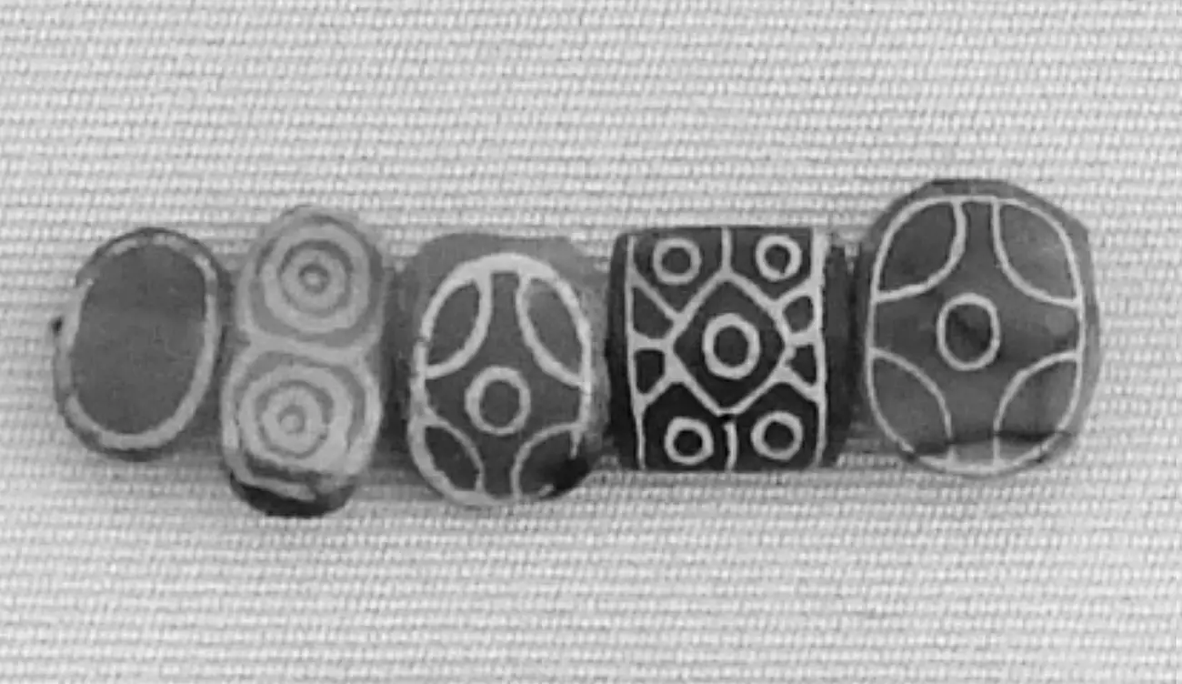 Etched carnelian beads from the Indus Valley, excavated at Susa in Mesopotamia